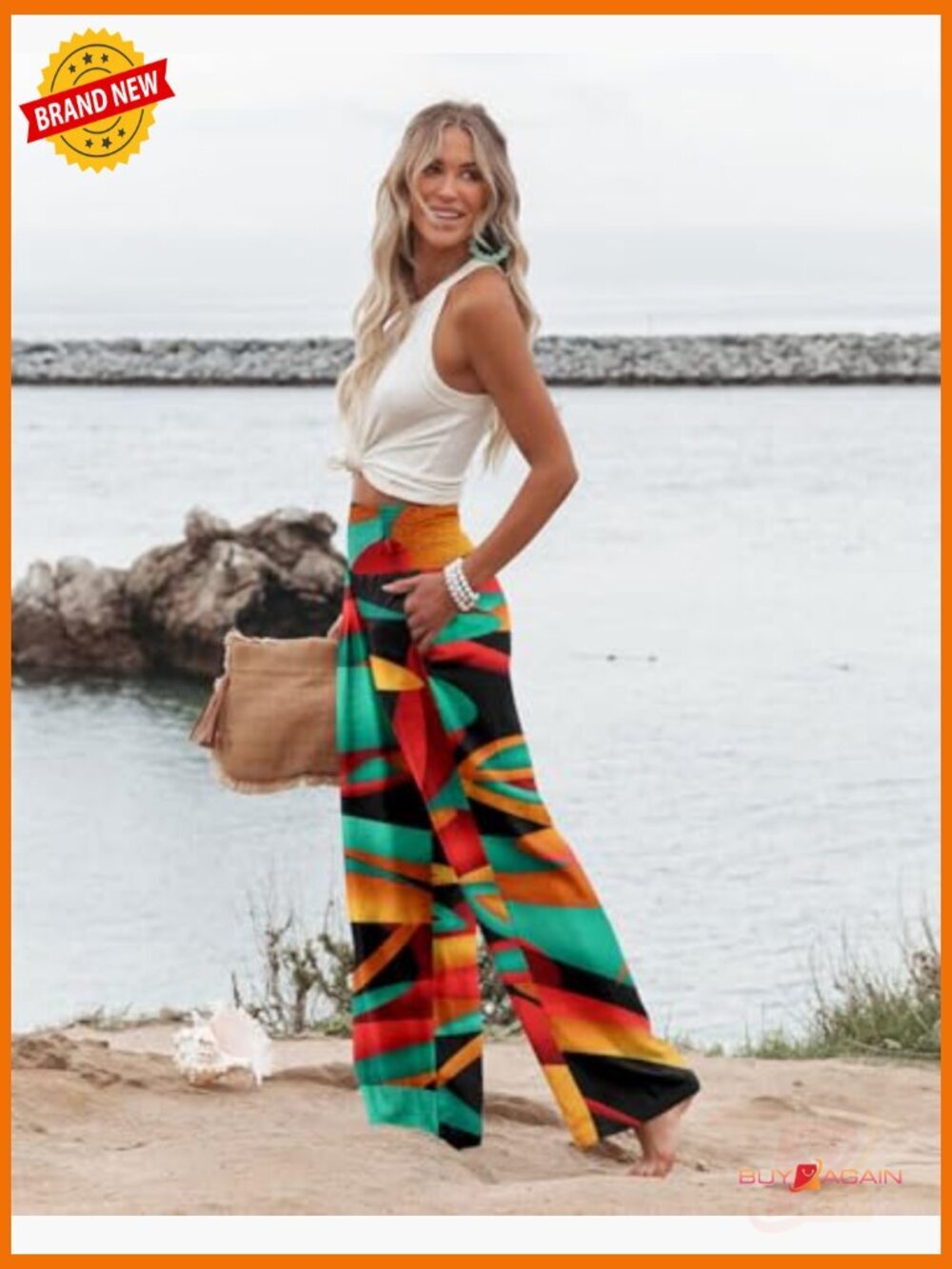 Elastic High Waisted Wide Leg Palazzo Pants with Pockets Casual Lounge Trousers - Picture 3 of 7